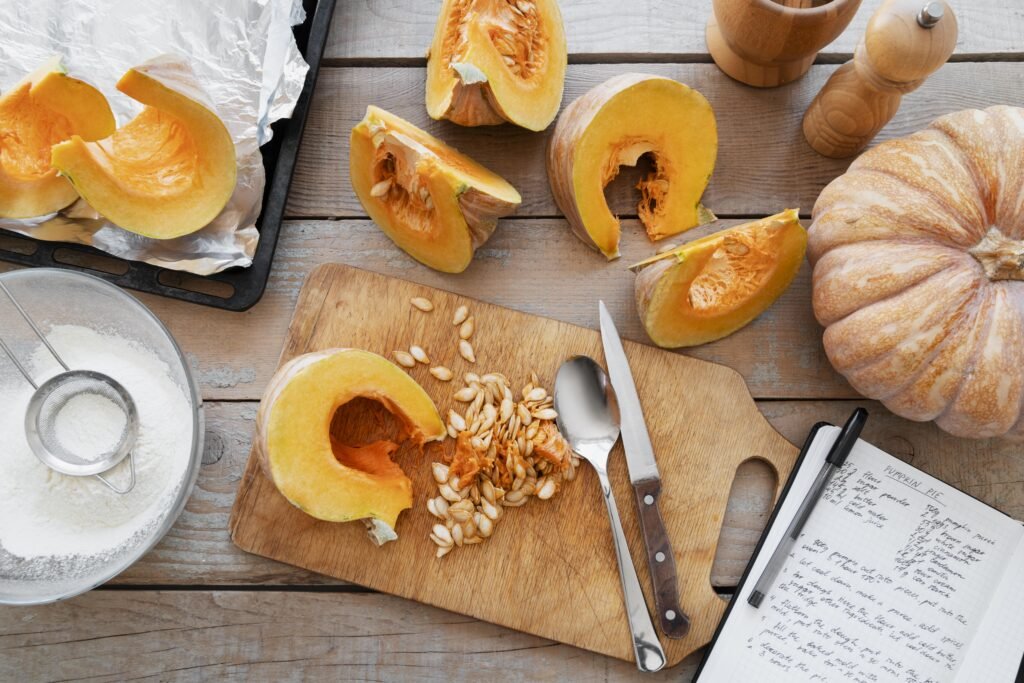 Top view of a recipe book with ingredients for pumpkin muffin recipe two ingredients, perfect for fall baking.