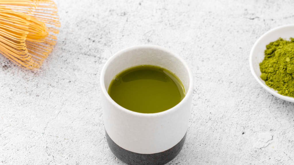 Close-up ceramic bowl with Matcha Syrup