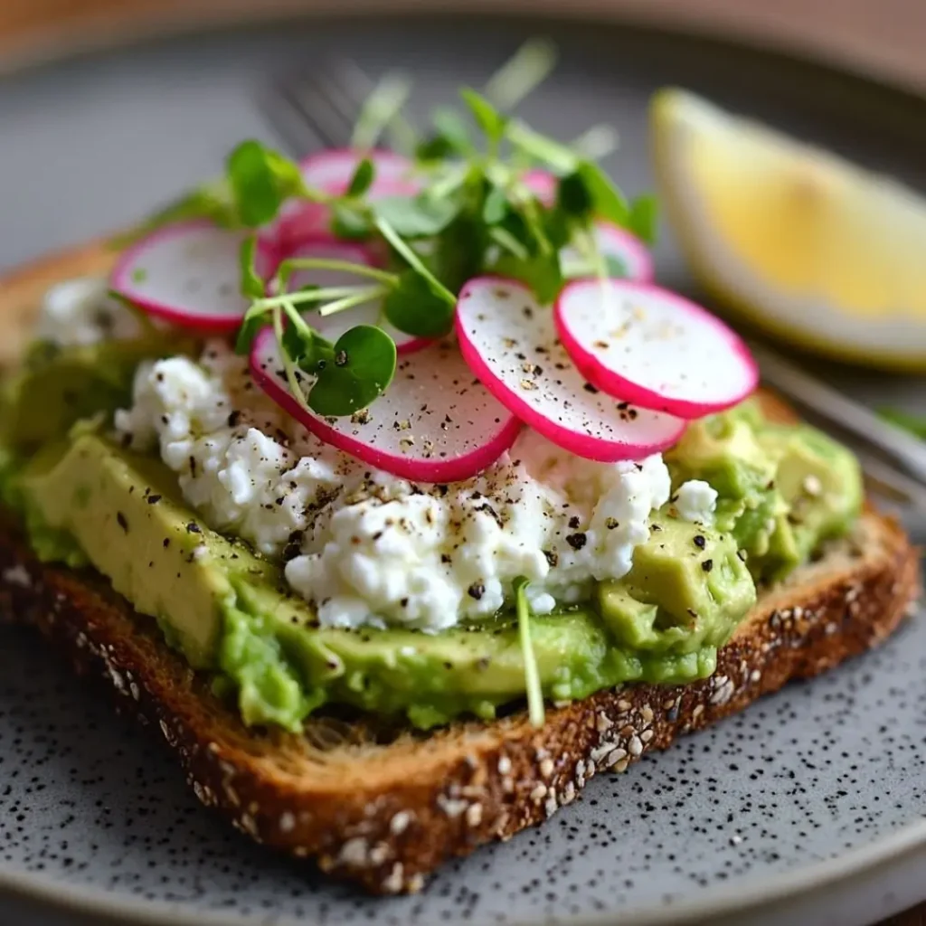 Whole grain toast topped with avocado and cottage cheese, a healthy and simple idea for cottage cheese recipes