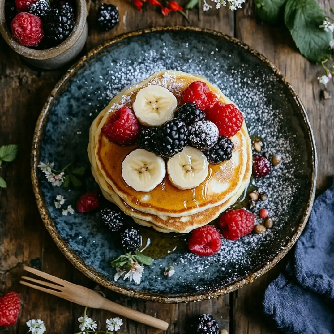 Stack of fluffy banana pancakes made with cottage cheese, topped with berries and honey