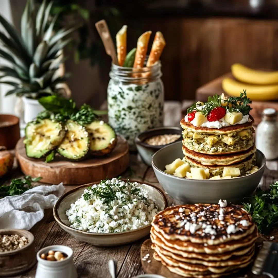A table displaying various cottage cheese dishes including pancakes, dips, toast, pasta, and dessert