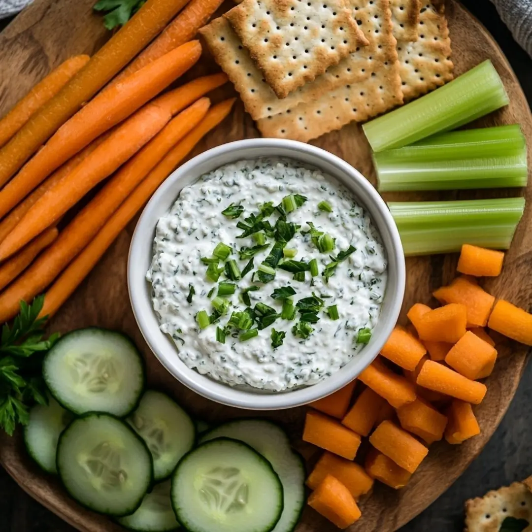 Creamy herb-flavored cottage cheese dip with colorful vegetable sticks and crackers