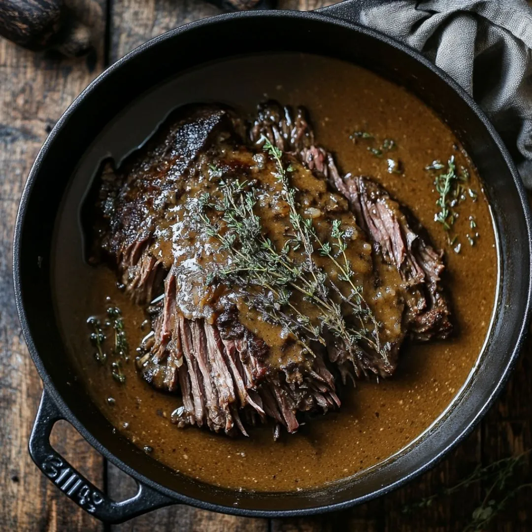 Slow-cooked chuck roast with vegetables in a pot