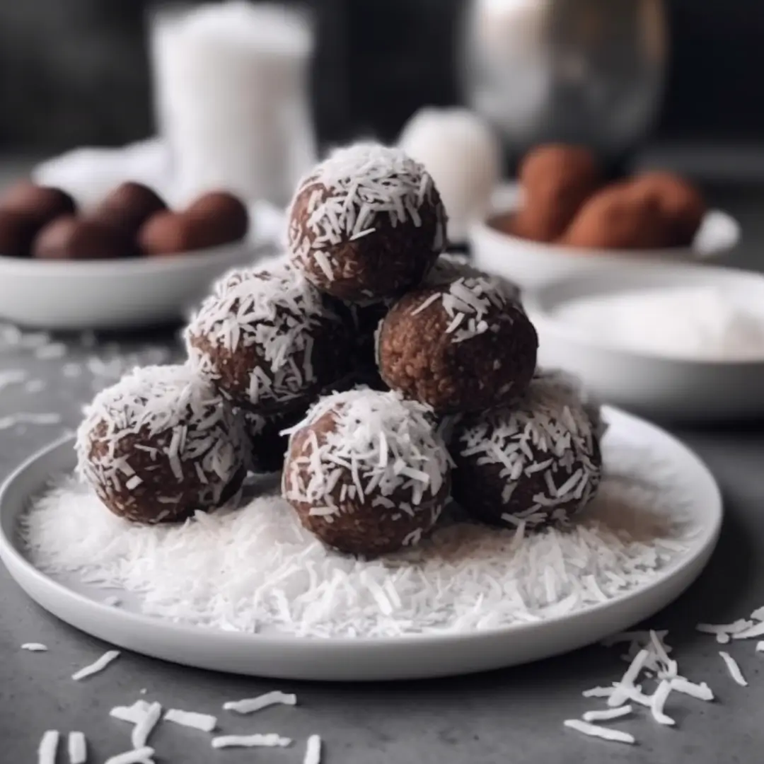 Chocolate energy balls coated in shredded coconut, served on a white plate with cocoa powder and coconut flakes.