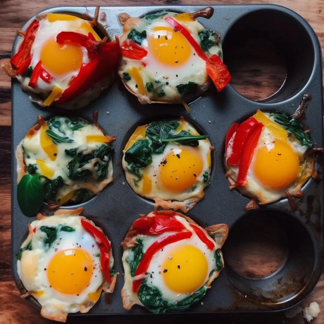 Egg muffin breakfast with golden brown tops and colorful vegetables in a muffin tin