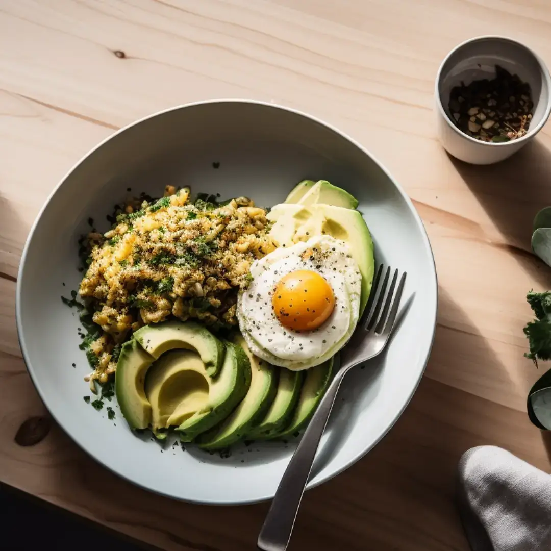 A balanced high protein breakfast with scrambled eggs, quinoa, avocado, and Greek yogurt served on a rustic kitchen table with natural morning light.