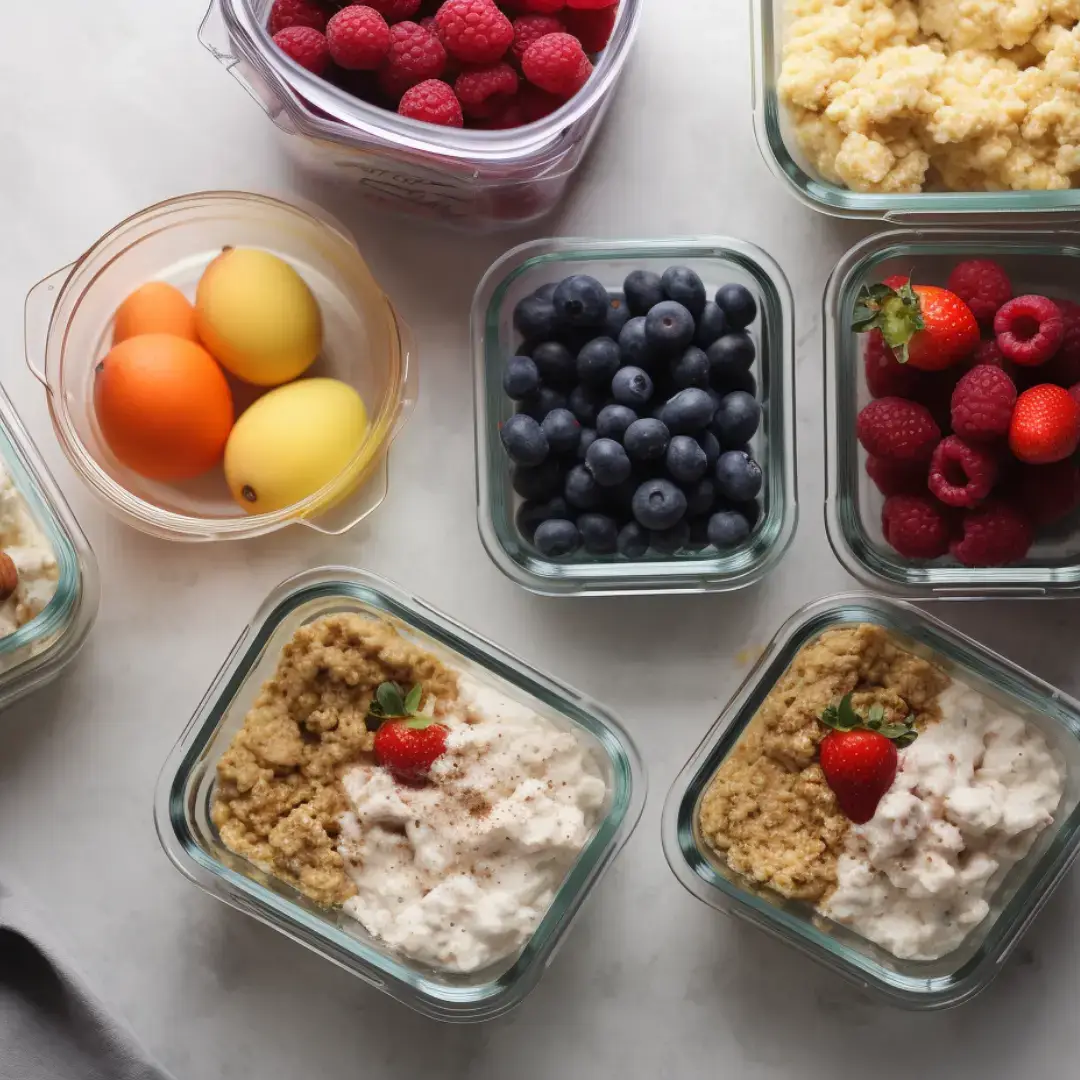Meal prep containers filled with assorted high protein breakfast options like eggs, cottage cheese with fruit, and quinoa bowls arranged on a marble counter.