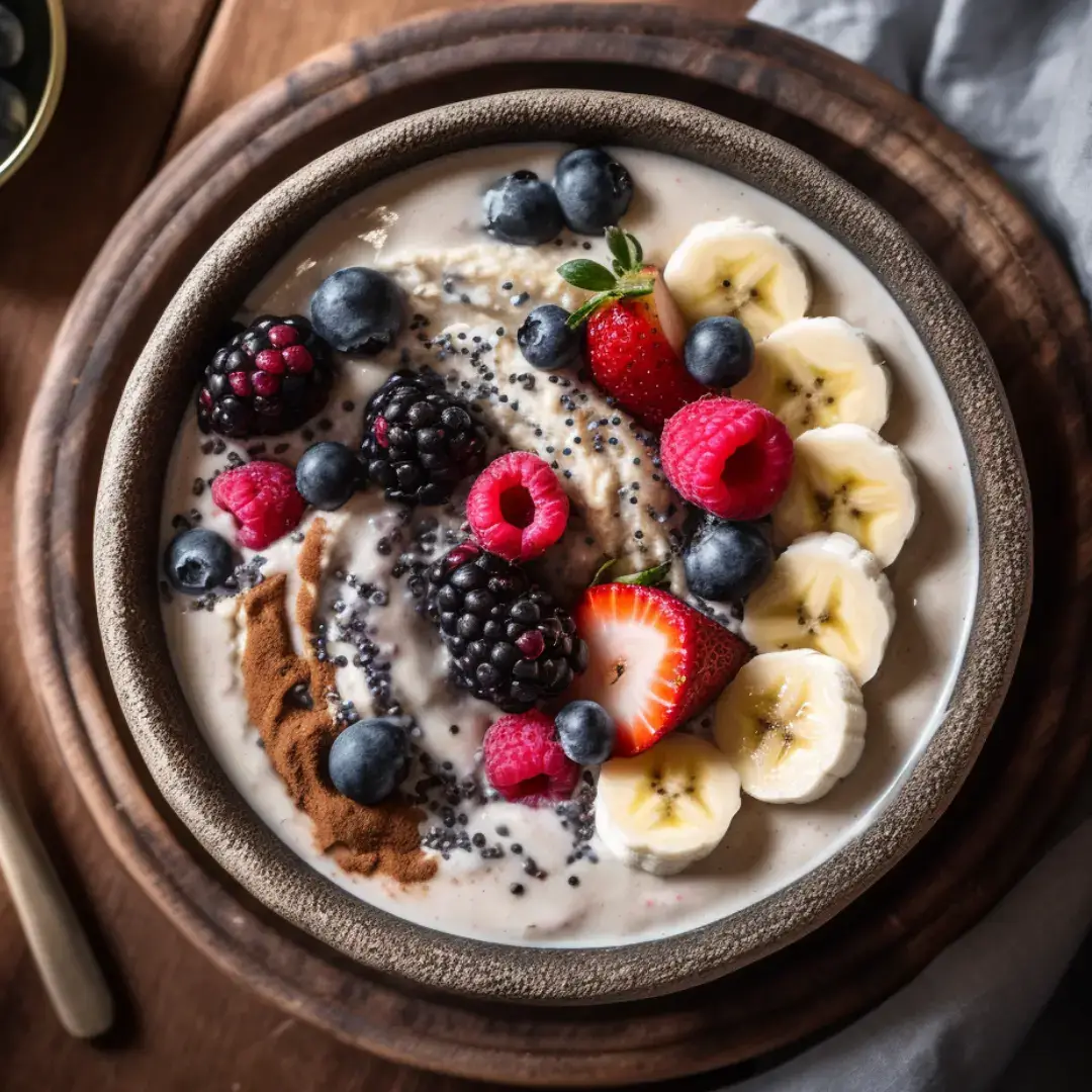 Sweet breakfast bowl with Greek yogurt, sliced bananas, almond butter, chia seeds, and fresh berries served in a ceramic bowl.