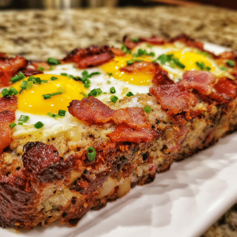 Breakfast Meatloaf with Eggs and Bacon layers beef with eggs and smoky bacon into a hearty morning-inspired dish.