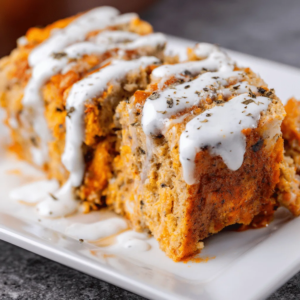 Buffalo Chicken Meatloaf with Ranch Drizzle combines chicken, spices, and sauce into a bold, flavorful recipe.