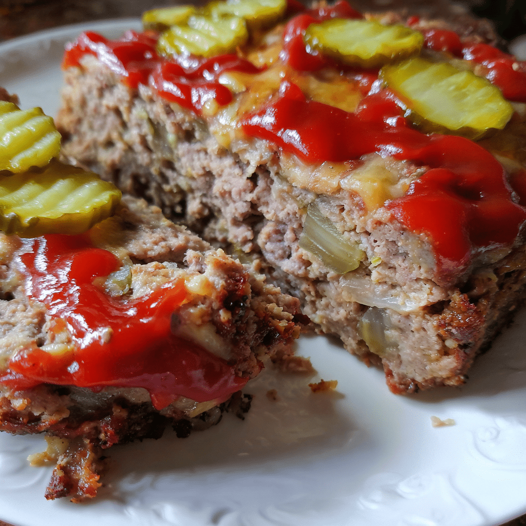 Cheeseburger Meatloaf with Pickles and Ketchup blends beef, cheese, and classic toppings into a fun, flavorful dish.