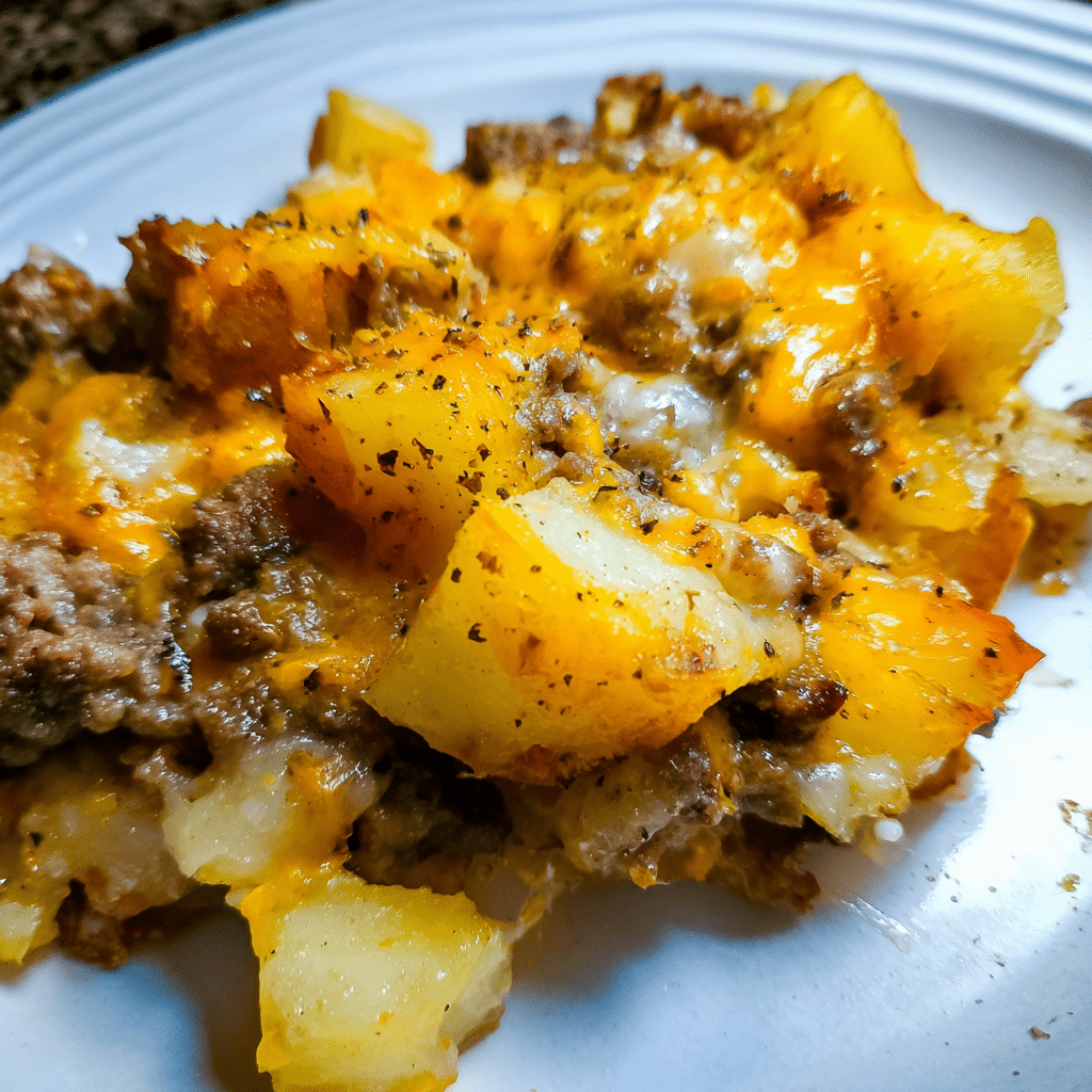 Cheesy Ground Beef & Potato Casserole layers tender potatoes, seasoned beef, and melted cheese into a hearty, family-friendly dinner.