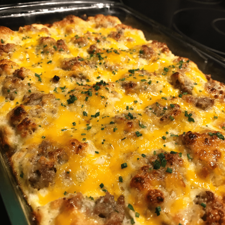 Cheesy Sausage & Biscuit Breakfast Casserole layers biscuits, sausage, eggs, and cheese for a comforting morning dish.