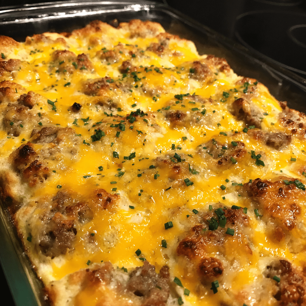 Cheesy Sausage & Biscuit Breakfast Casserole layers biscuits, sausage, eggs, and cheese for a comforting morning dish.