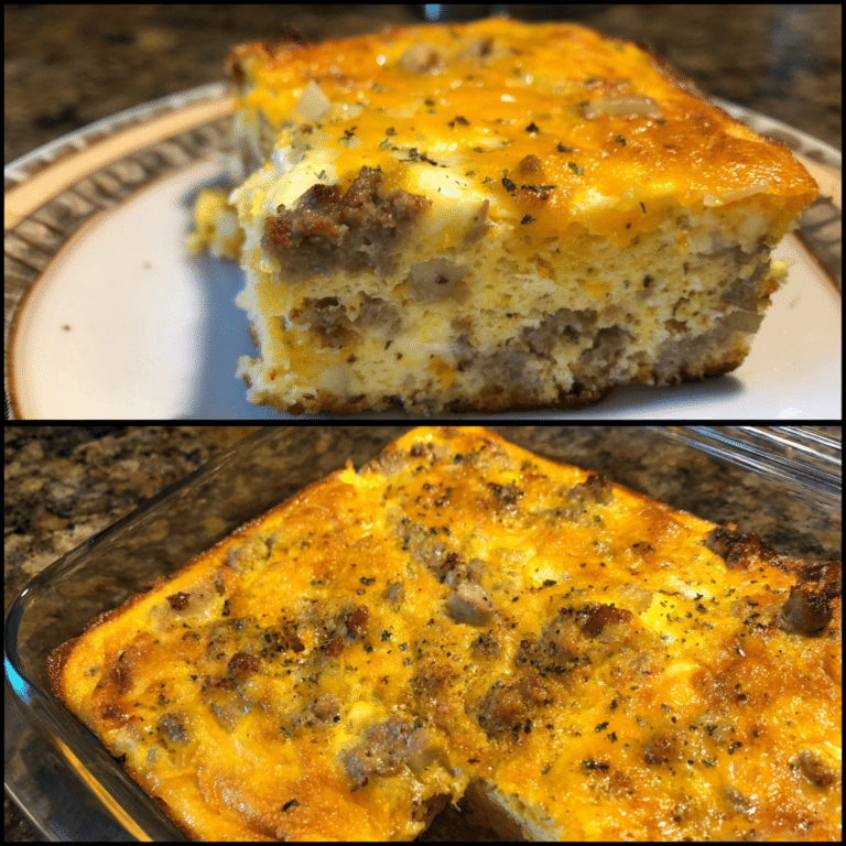 Classic Sausage Egg & Cheese Breakfast Casserole combines fluffy eggs, savory sausage, and melted cheese into a hearty breakfast dish.