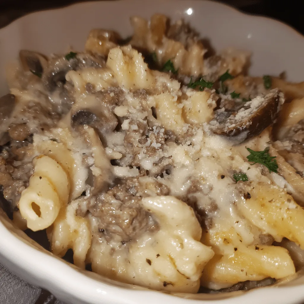 Creamy Mushroom & Ground Beef Pasta Bake