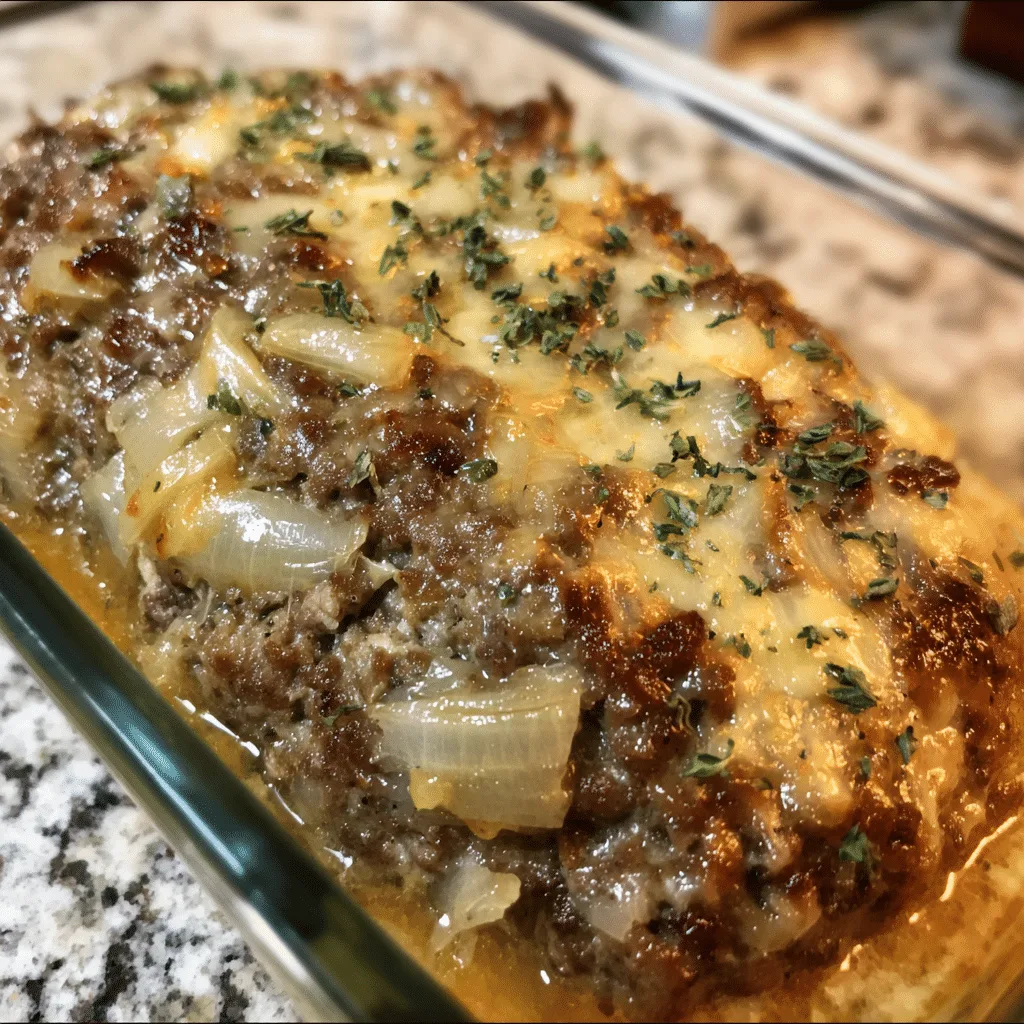 French Onion Meatloaf with Onion Soup Mix combines beef with flavorful mix and onions into a savory dish.