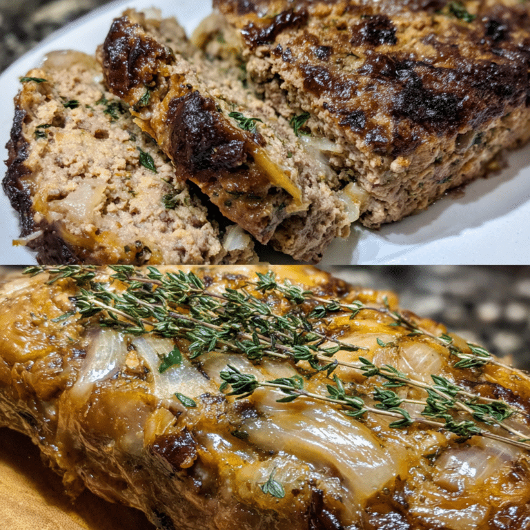 French Onion Meatloaf with Thyme and Herbs blends beef with fresh herbs and onions for a flavorful twist.