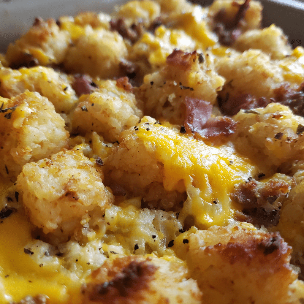Gluten-Free Tater Tot Breakfast Bake combines eggs, vegetables, and crispy tots into a gluten-free breakfast dish.