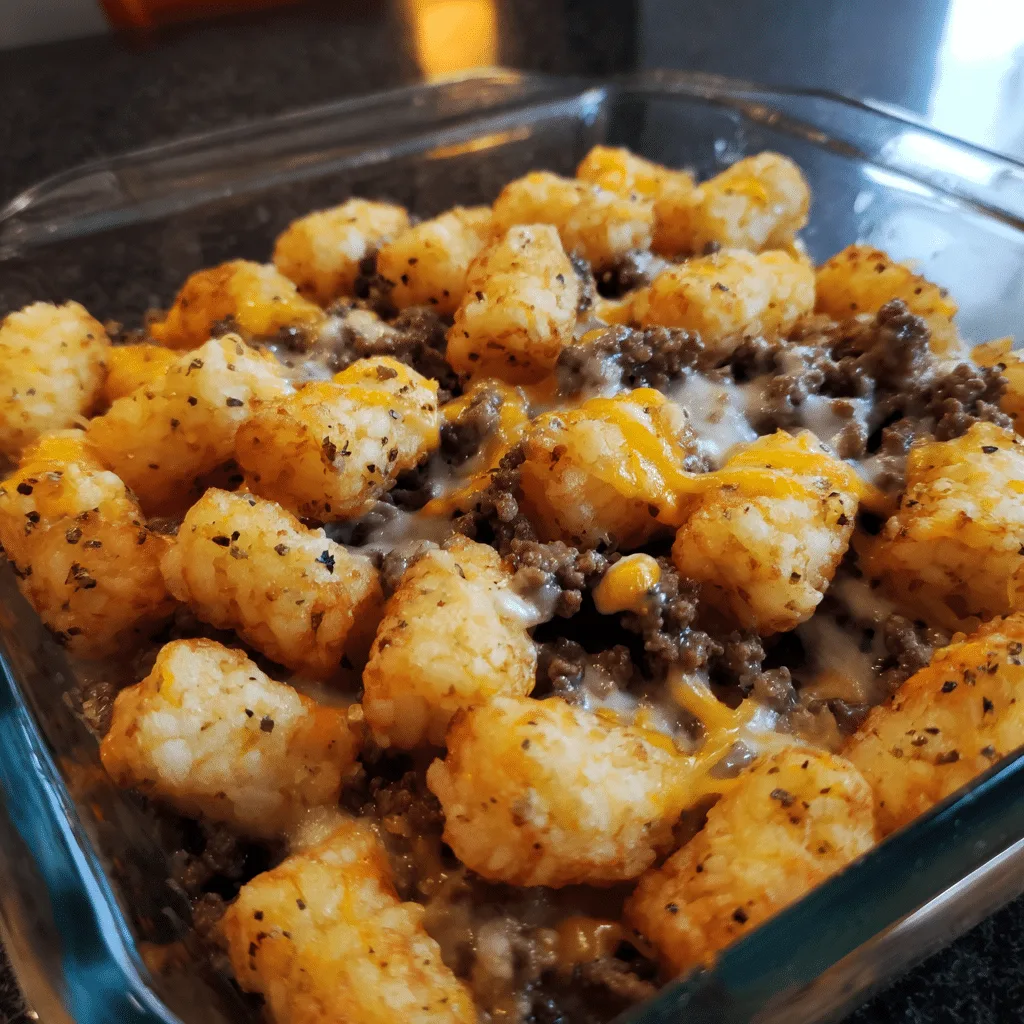 Ground Beef & Tater Tot Casserole layers crispy tots, seasoned beef, and cheese into a comforting, kid-friendly recipe.