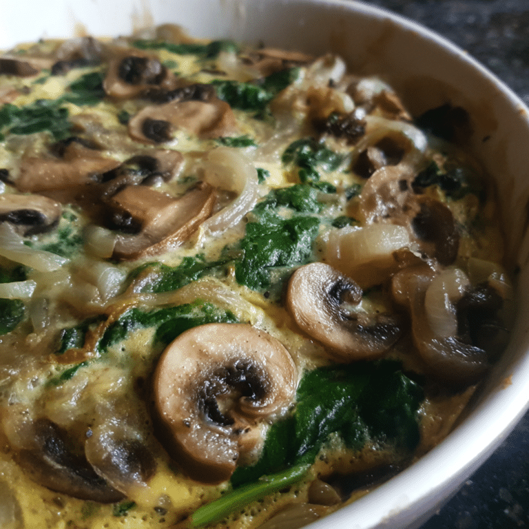 Healthy Overnight Spinach & Mushroom Casserole combines greens, mushrooms, and eggs into a nutrient-packed breakfast dish.
