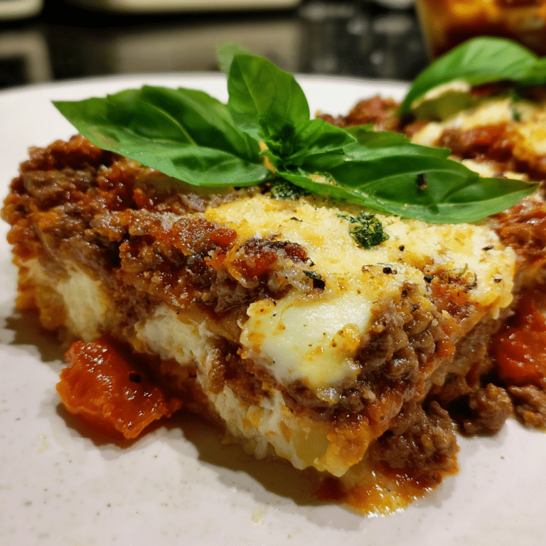 Italian Lasagna Casserole with Ground Beef features pasta, sauce, beef, and cheese baked into a classic, layered dish full of flavor.