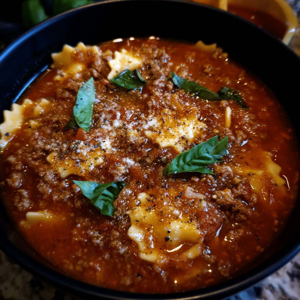 Low-Calorie One Pot Lasagna Soup blends pasta, herbs, and broth into a lighter version of the classic without sacrificing flavor.