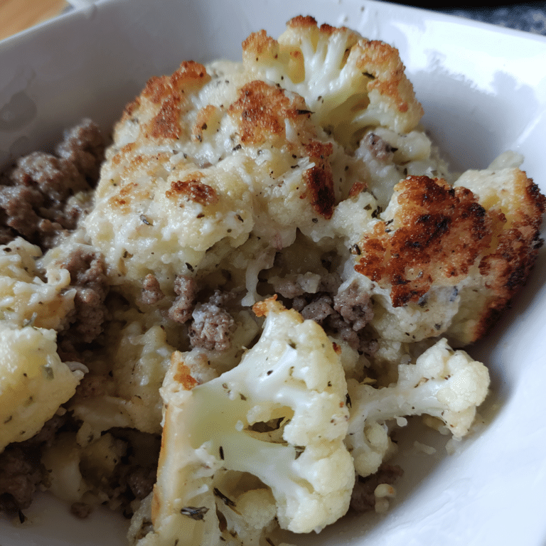 Low-Carb Cauliflower Ground Beef Casserole pairs seasoned beef with cauliflower and cheese for a flavorful, lighter dinner option.