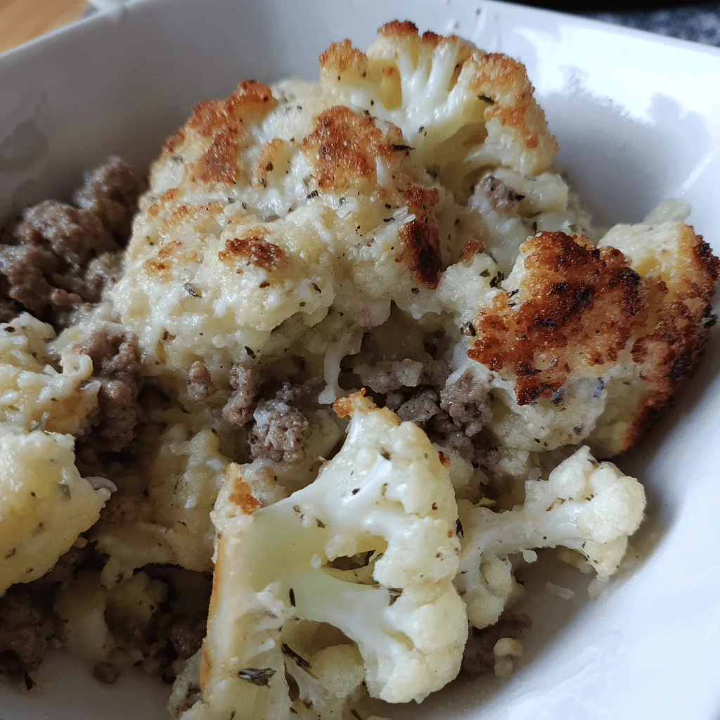 Low-Carb Cauliflower Ground Beef Casserole pairs seasoned beef with cauliflower and cheese for a flavorful, lighter dinner option.