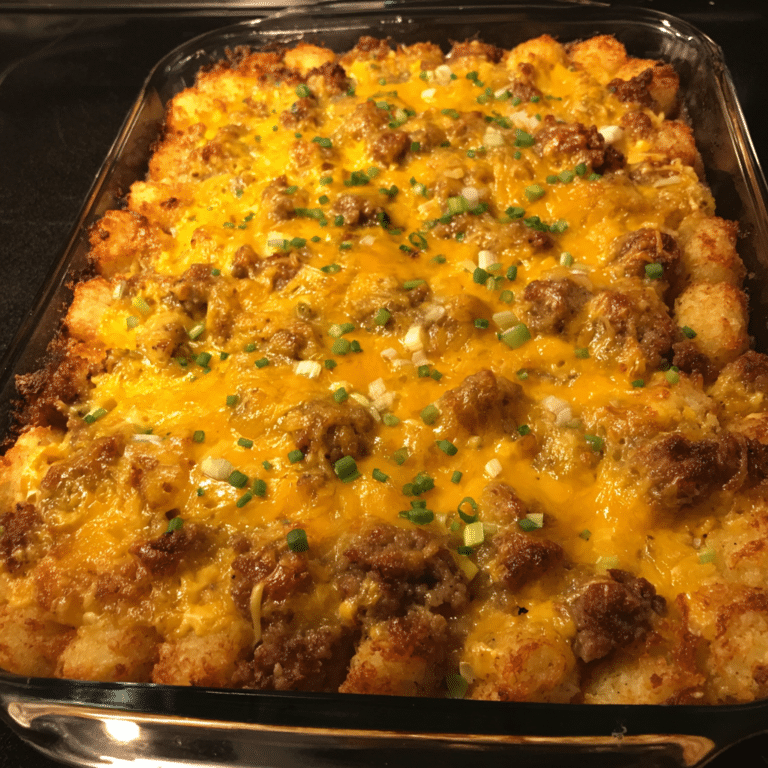 Make-Ahead Tater Tot Sausage & Cheese Bake combines tots, sausage, and cheese into a convenient dish prepared ahead of time.