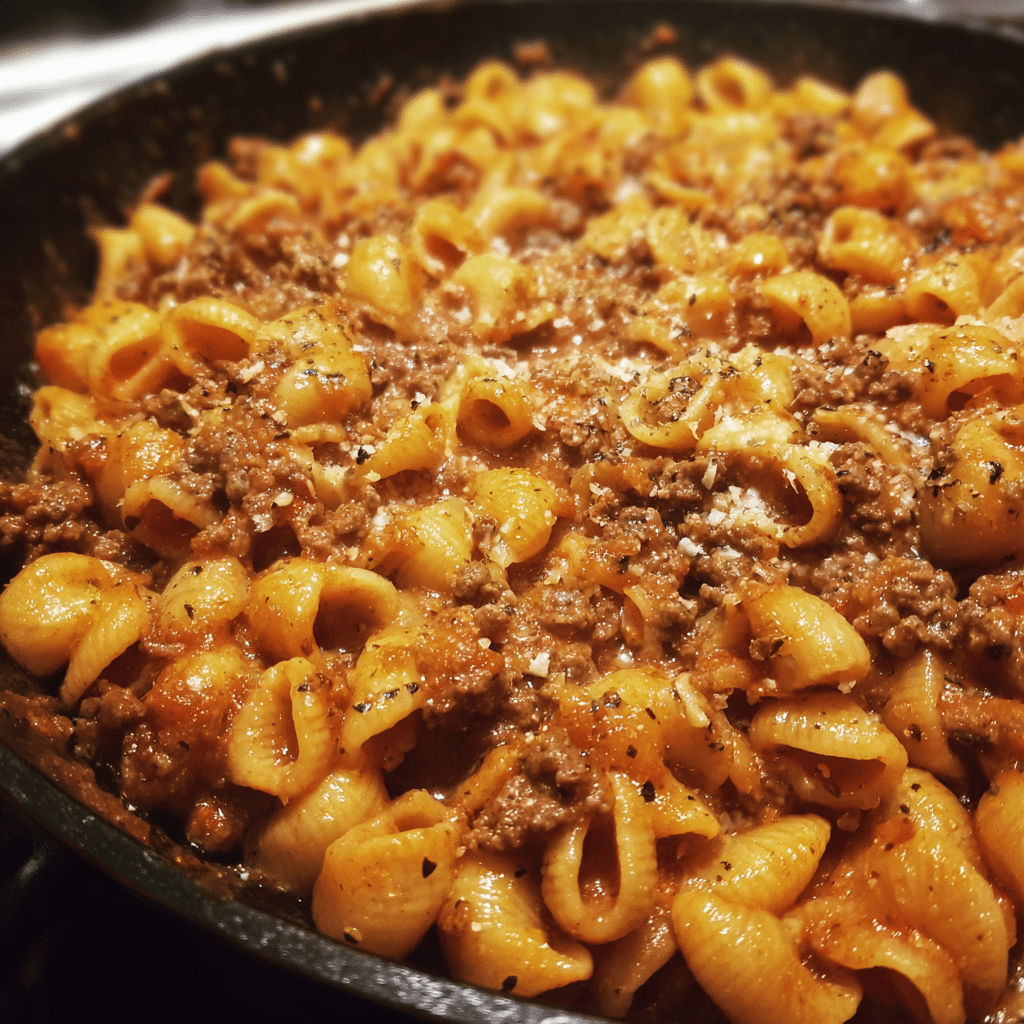 One-Pot Ground Beef Goulash features pasta, beef, tomatoes, and spices simmered together into a hearty, flavorful dish.