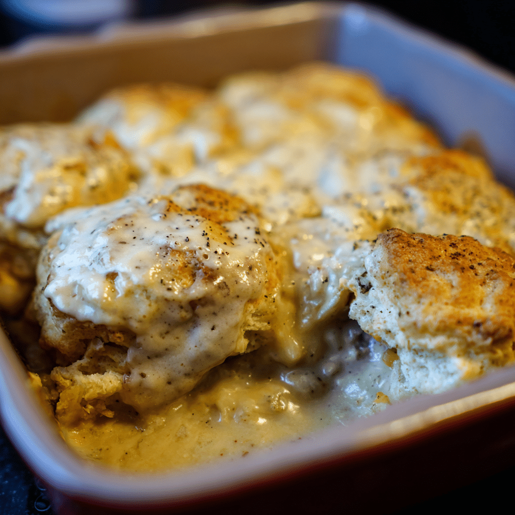Overnight Biscuits & Gravy Breakfast Casserole layers biscuits, sausage gravy, and eggs for a hearty make-ahead dish.