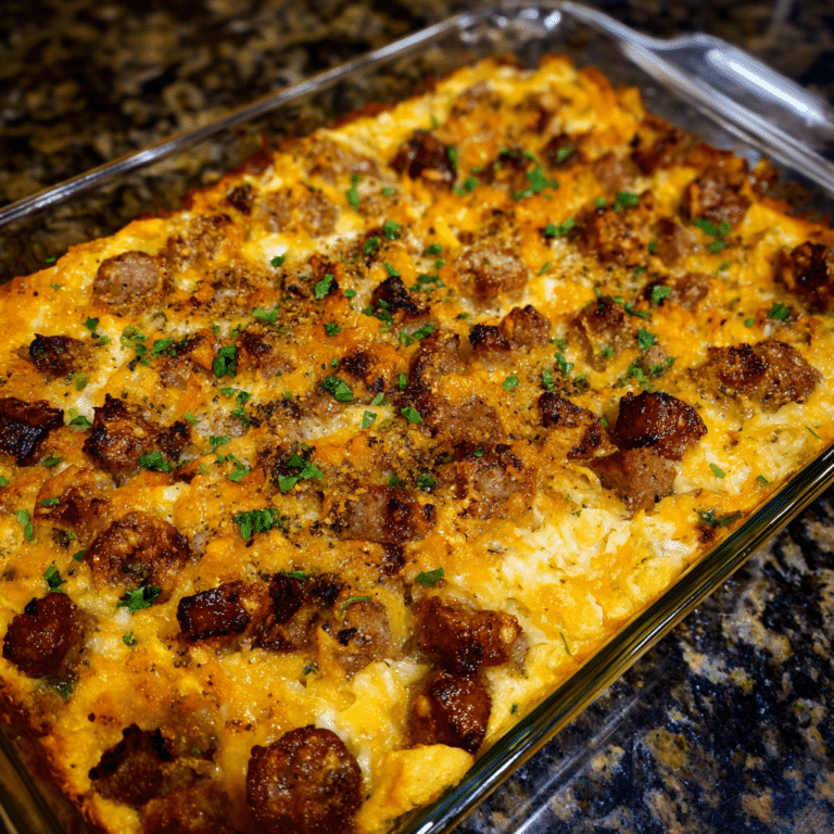Overnight Sausage & Hashbrown Casserole layers sausage, eggs, and potatoes for a convenient make-ahead breakfast dish.