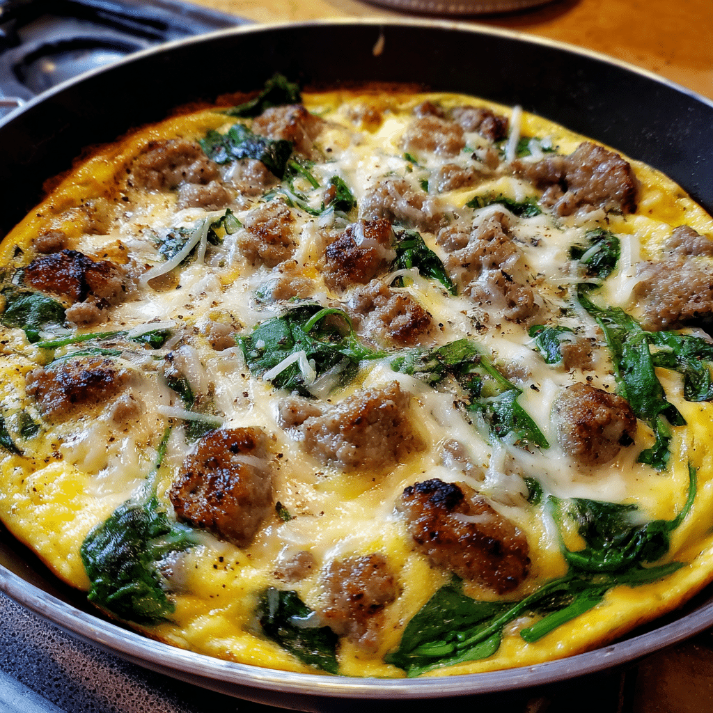 Sausage & Spinach Egg Bake mixes savory sausage, fresh spinach, and eggs into a wholesome, hearty dish.