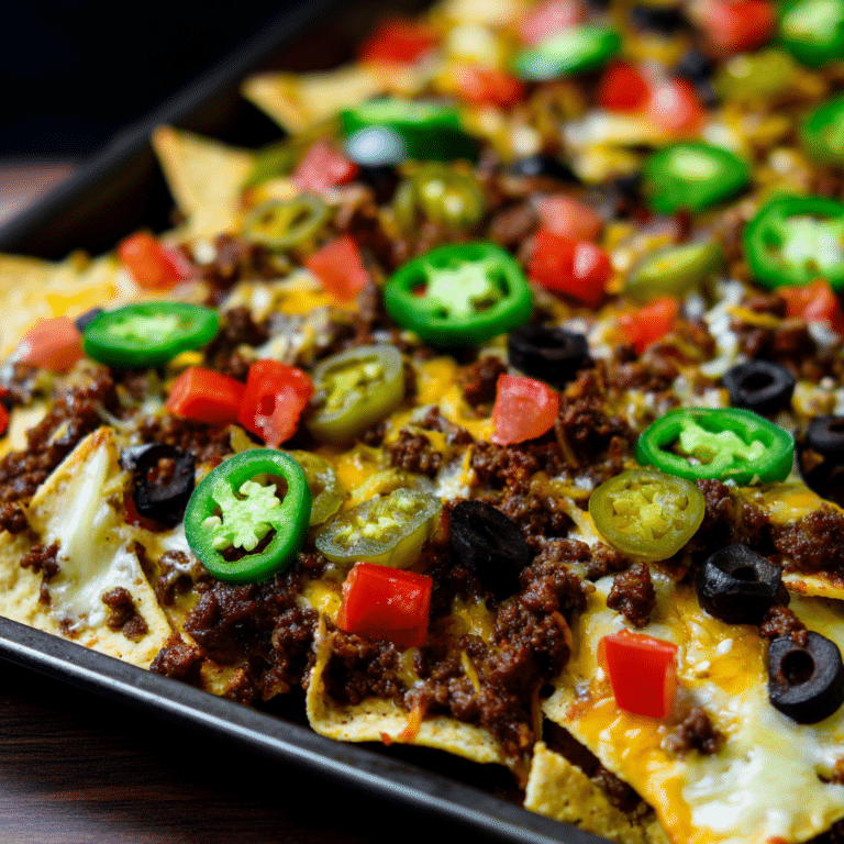 Sheet Pan Ground Beef Nachos load seasoned beef, cheese, and toppings on tortilla chips for a crowd-pleasing snack or meal.