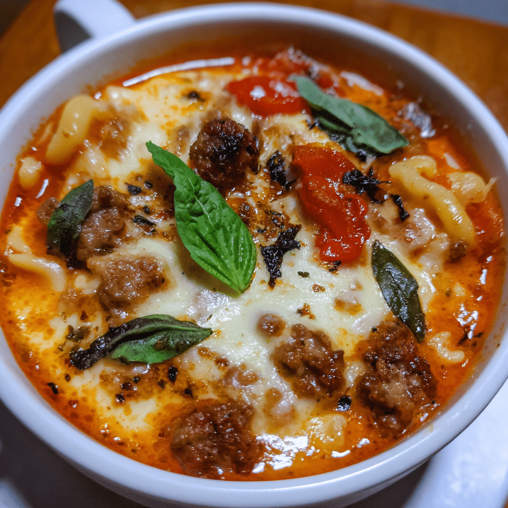 Spicy Lasagna Soup with Italian Sausage and Red Pepper brings heat and bold flavors to pasta and broth, creating a vibrant and hearty dish.