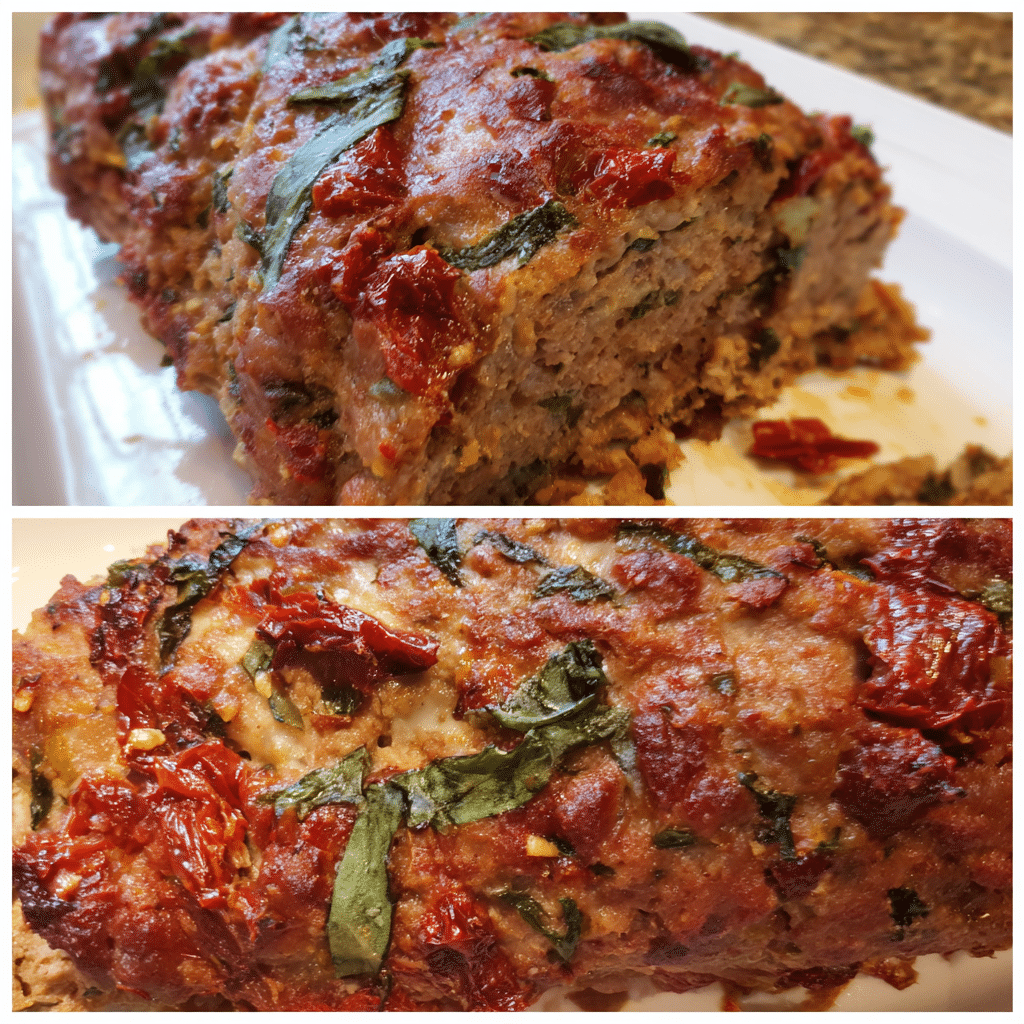 Sun-Dried Tomato & Basil Meatloaf blends beef with herbs and tomatoes for a Mediterranean-inspired dish.