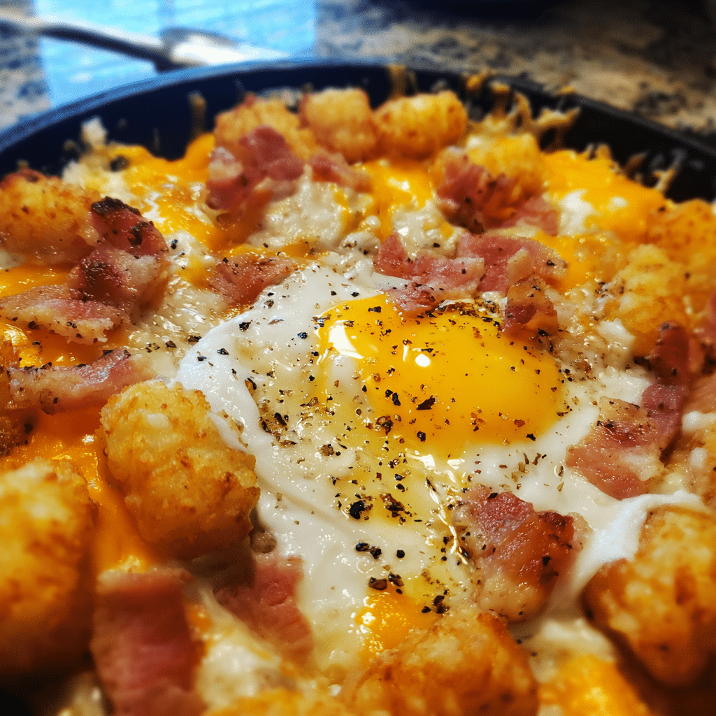 Tater Tot Bacon & Egg Breakfast Casserole combines crispy tots, smoky bacon, and eggs into a hearty dish.