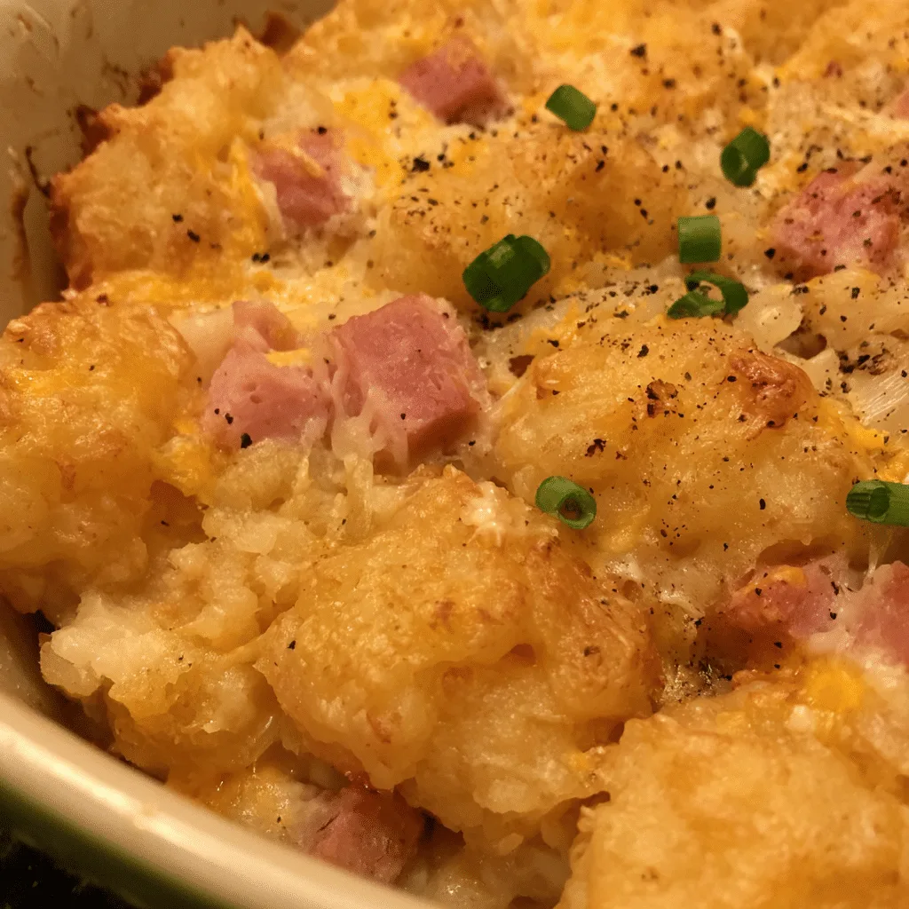 Tater Tot & Ham Breakfast Casserole blends crispy potatoes, ham, and eggs into a hearty, comforting dish.