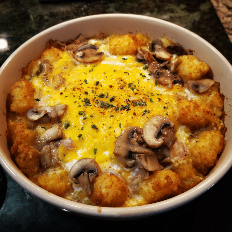 Tater Tot & Mushroom Egg Bake combines mushrooms, eggs, and crispy tots into a savory breakfast dish.