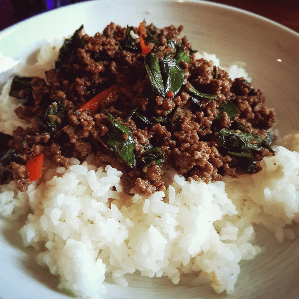 Thai Basil Ground Beef with Rice pairs savory beef, herbs, and sauce with steamed rice for a fragrant, bold meal.