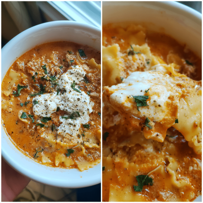 Three-Cheese Creamy Lasagna Soup features mozzarella, ricotta, and parmesan in a rich broth with pasta and herbs for a comforting dish.
