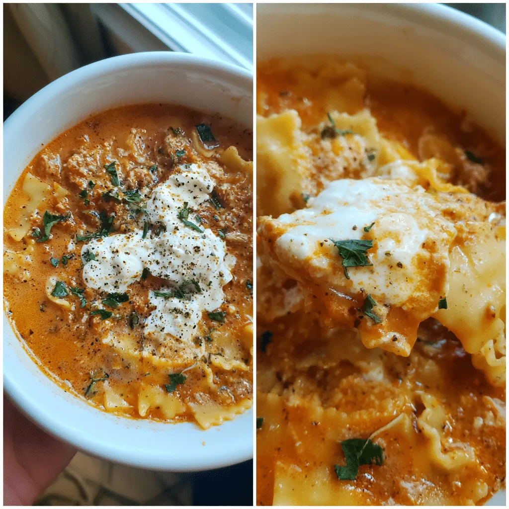 Three-Cheese Creamy Lasagna Soup features mozzarella, ricotta, and parmesan in a rich broth with pasta and herbs for a comforting dish.
