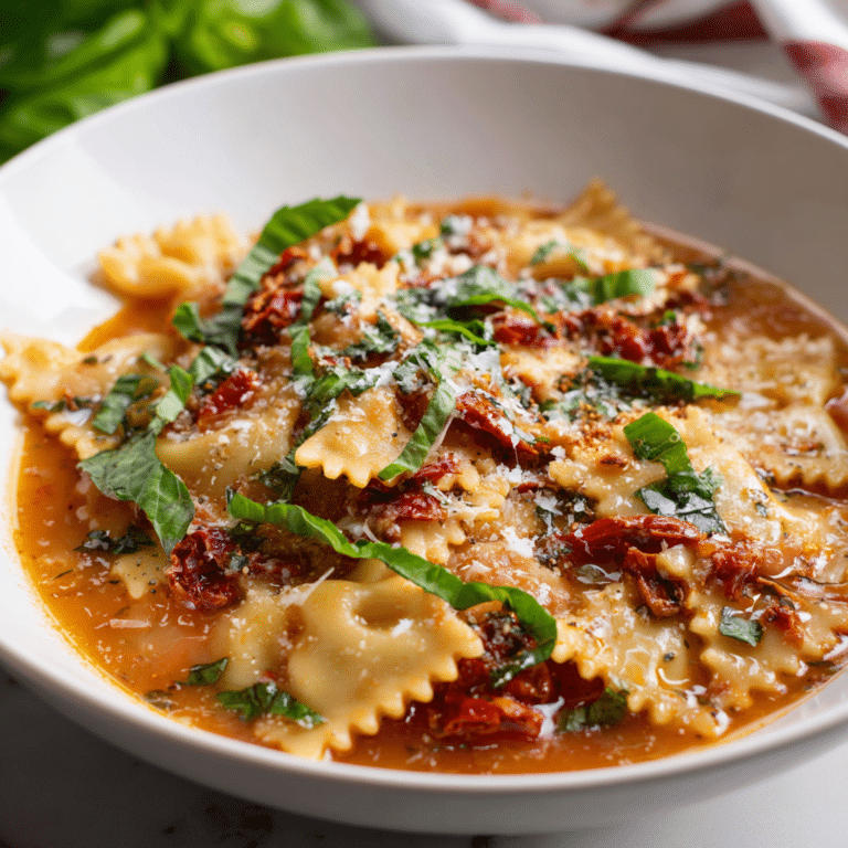 Tuscan One Pot Lasagna Soup with Sun-Dried Tomatoes combines pasta, herbs, and tomatoes for a rustic and flavorful meal.