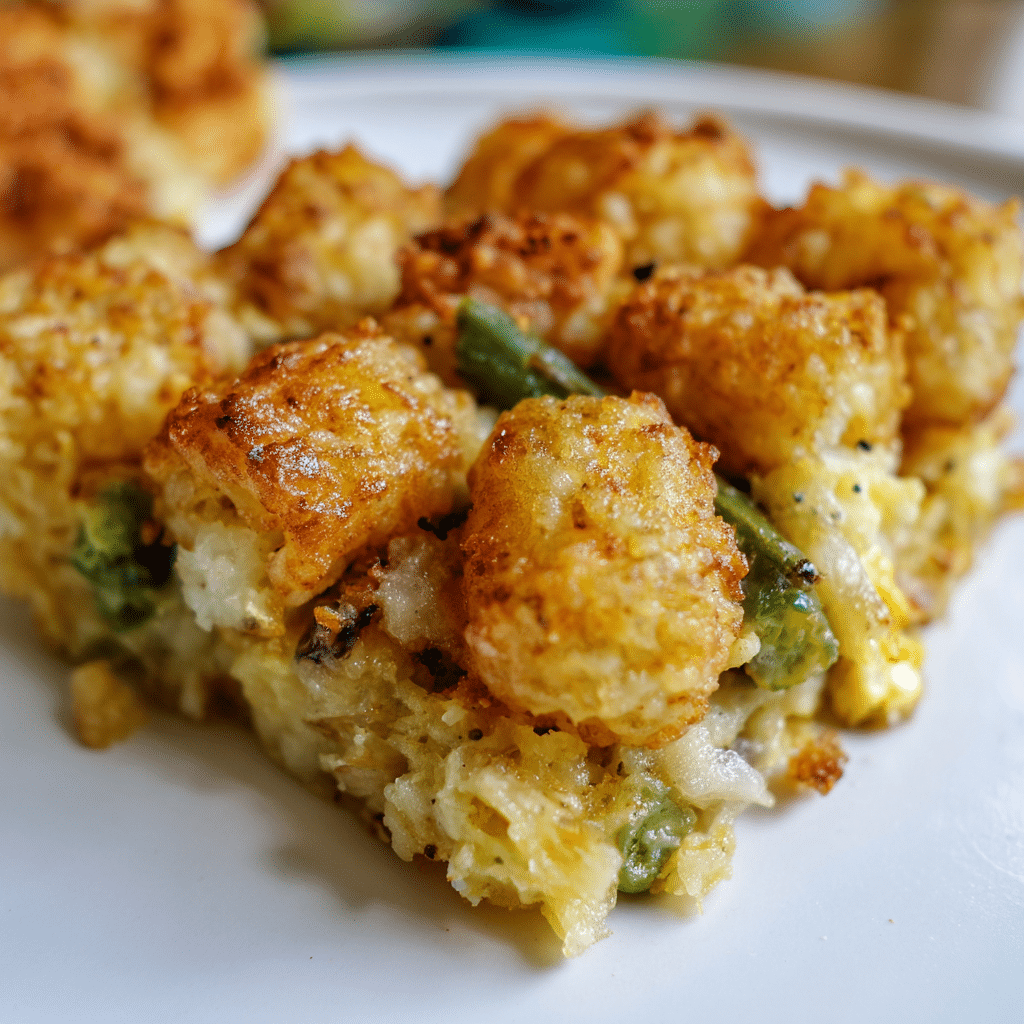 Vegetarian Tater Tot Breakfast Bake combines eggs, vegetables, and tots for a wholesome, meat-free breakfast dish.