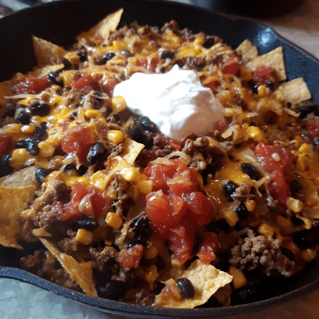 20-Minute Ground Beef Nacho Skillet, quick and bold