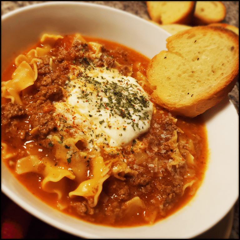 Baked Lasagna Soup with Garlic Bread Topping, cheesy and oven-baked