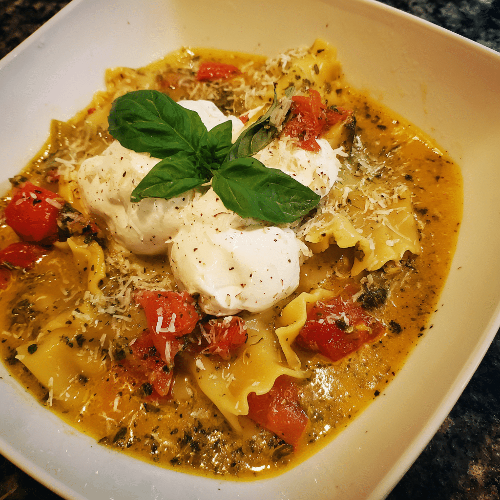 Creamy Pesto Lasagna Soup with Burrata, fresh and indulgent
