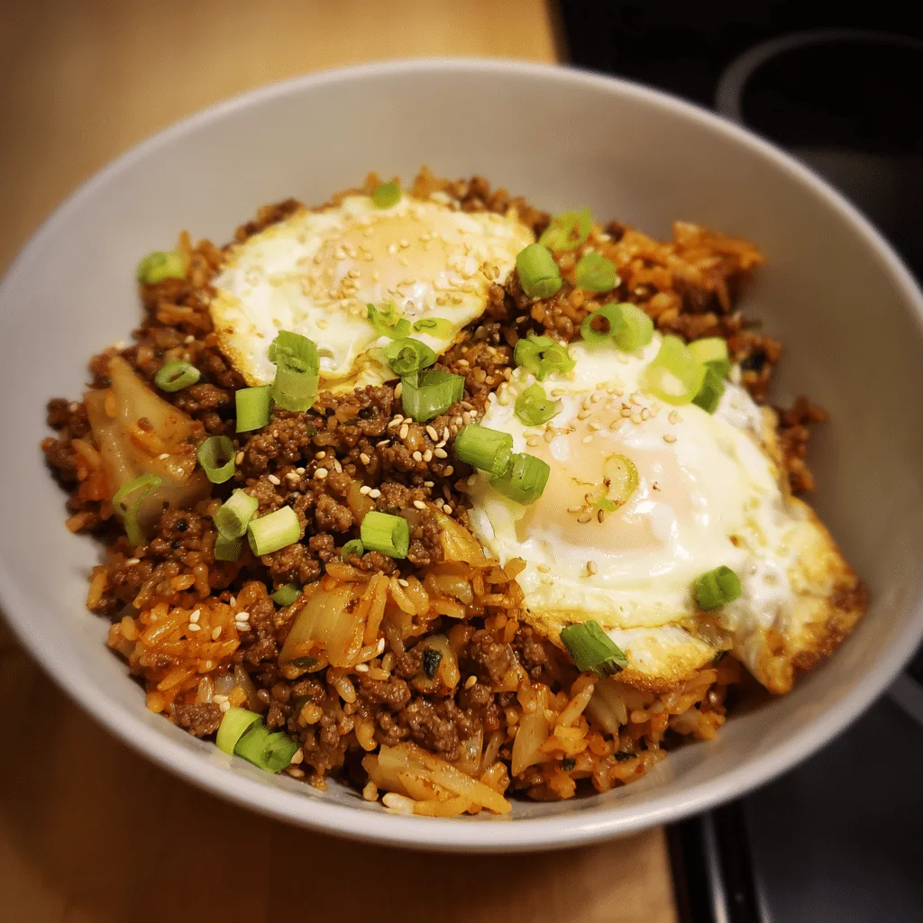Ground Beef and Kimchi Fried Rice, spicy and tangy