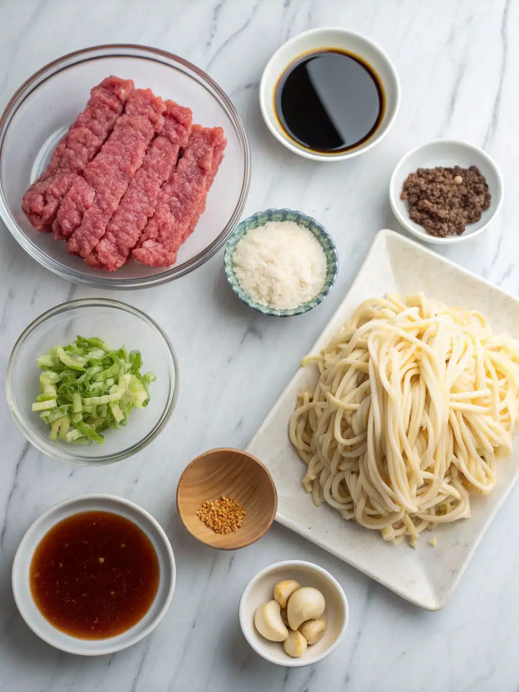 ground beef and udon noodle stir fry ingredients